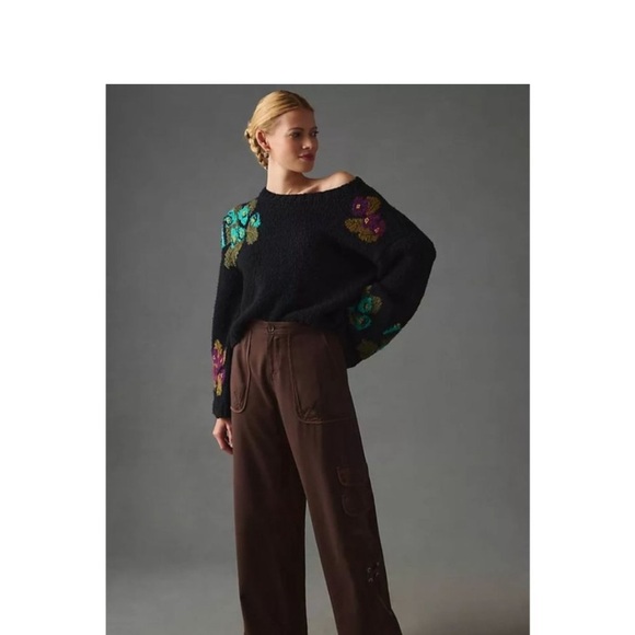 Anthropologie Maeve Embroidered Flowers Cropped Sweater Size Medium NWT - Picture 4 of 16